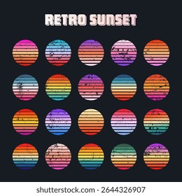 Grunge vintage colorful sunset. Striped gradient sunrise badges in 80s and 90s style. Sun and ocean view, summer vibes, surfing. Design element for print, logo or t-shirt. Vector illustration