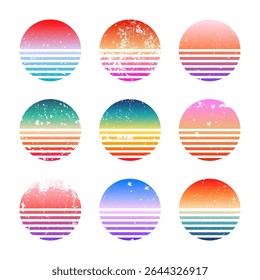 Grunge vintage colorful sunset. Striped gradient sunrise badges in 80s and 90s style. Sun and ocean view, summer vibes, surfing. Design element for print, logo or t-shirt. Vector illustration