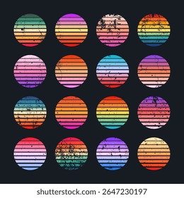 Grunge vintage colorful sunset. Striped gradient sunrise badges in 80s and 90s style. Sun and ocean view, summer vibes, surfing. Design element for print, logo or t-shirt. Vector illustration