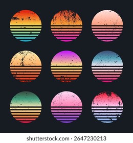 Grunge vintage colorful sunset. Striped gradient sunrise badges in 80s and 90s style. Sun and ocean view, summer vibes, surfing. Design element for print, logo or t-shirt. Vector illustration