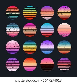 Grunge vintage colorful sunset. Striped gradient sunrise badges in 80s and 90s style. Sun and ocean view, summer vibes, surfing. Design element for print, logo or t-shirt. Vector illustration