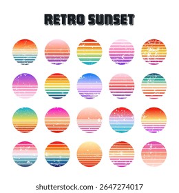 Grunge vintage colorful sunset. Striped gradient sunrise badges in 80s and 90s style. Sun and ocean view, summer vibes, surfing. Design element for print, logo or t-shirt. Vector illustration