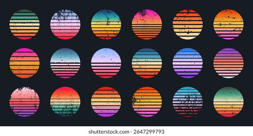 Grunge vintage colorful sunset. Striped gradient sunrise badges in 80s and 90s style. Sun and ocean view, summer vibes, surfing. Design element for print, logo or t-shirt. Vector illustration