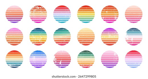 Grunge vintage colorful sunset. Striped gradient sunrise badges in 80s and 90s style. Sun and ocean view, summer vibes, surfing. Design element for print, logo or t-shirt. Vector illustration
