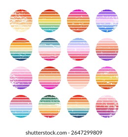 Grunge vintage colorful sunset. Striped gradient sunrise badges in 80s and 90s style. Sun and ocean view, summer vibes, surfing. Design element for print, logo or t-shirt. Vector illustration