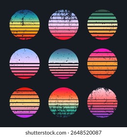 Grunge vintage colorful sunset. Striped gradient sunrise badges in 80s and 90s style. Sun and ocean view, summer vibes, surfing. Design element for print, logo or t-shirt. Vector illustration