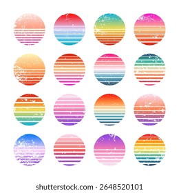 Grunge vintage colorful sunset. Striped gradient sunrise badges in 80s and 90s style. Sun and ocean view, summer vibes, surfing. Design element for print, logo or t-shirt. Vector illustration