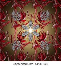 Grunge vintage design with ethnic elements. Red flowers. Golden, background. Vector.