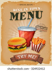 Grunge And Vintage Fast Food Menu Poster/
Illustration of a design vintage and grunge textured poster, with burger, cup of soda to drink, and french fries icon, for fast food snack and takeaway menu