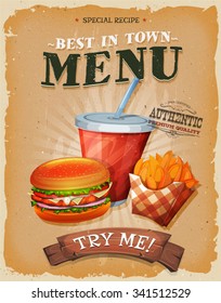 Grunge And Vintage Fast Food Menu Poster/
Illustration of a design vintage and grunge textured poster, with burger, cup of soda to drink, and french fries icon, for fast food snack and takeaway menu