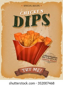 Grunge And Vintage Fish And Chips Poster/
Illustration of a vintage and grunge textured poster, with chicken dips cornet, for fast food snack and takeaway menu