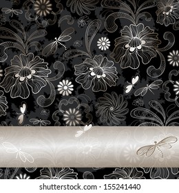 Grunge vintage frame with floral pattern and silvery translucent strip (vector EPS 10)