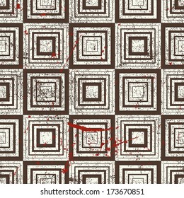 Grunge vintage geometric seamless pattern, old vector repeat background with aged texture.