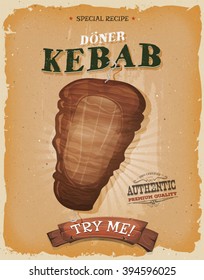 Grunge And Vintage Kebab Sandwich Poster/
Illustration of a design vintage and grunge textured poster, with appetizing cartoon fast food kebab meat, for eastern  and oriental takeout restaurant menu