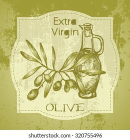Grunge vintage label with olive branch and oil bottle