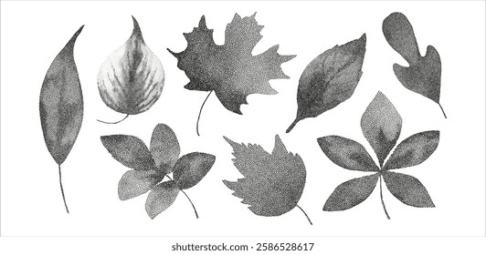 Grunge vintage leaves en halftones. Aesthetic graphic tattoo. Gothic punk poster.Trendy elements with retro photocopy effect.