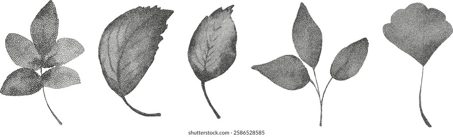 Grunge vintage leaves in halftones. Aesthetic graphic tattoo. Gothic punk poster.Trendy elements with retro photocopy effect.