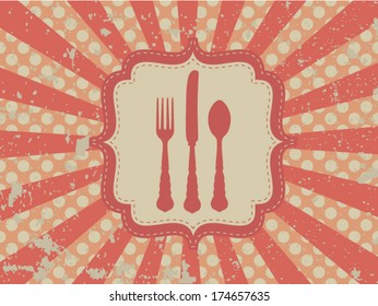 Grunge vintage menu background with rays, frame and cutlery