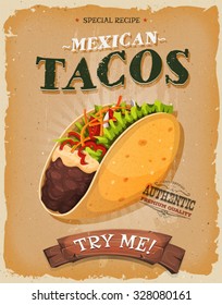 Grunge And Vintage Mexican Tacos Poster.
Illustration of a design vintage and grunge textured poster, with appetizing Mexican taco icon, corn wrap and garnish, for fast food snack and takeout menu