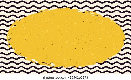 Grunge vintage oval sticker with torn edges. Rough edges yellow oval frame on blue wavy background. Vector silhouette for stickers, banners.