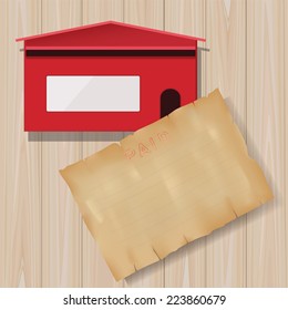 Grunge vintage paper with red mail box on wooden texture background.