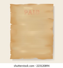 Grunge vintage paper sheet with abstract "Paid" text. Vector Abstract background.