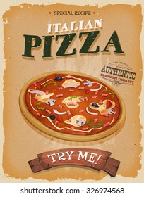 Grunge And Vintage Pizzeria Poster/
Illustration of a design vintage and grunge textured poster, with appetizing italian pizza, for fast food snack and takeaway menu