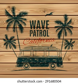 Grunge, vintage, retro surf van with palms and a gull, on wooden planks. Vector illustration.