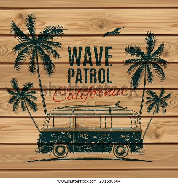 Grunge, vintage, retro surf van with\
palms and a gull, on wooden planks. Vector\
illustration.