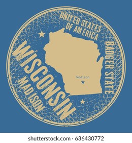 Grunge vintage round stamp or label with text Madison, Wisconsin, Badger state, vector illustration
