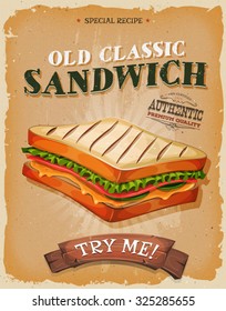 Poster De Sandwich Grunge Y Vintage/
Ilustración de un afiche texturado de diseño vintage y grunge, con un apetitoso bocadillo clásico de jamón, pan y ensalada, para picar comida rápida y menú para llevar