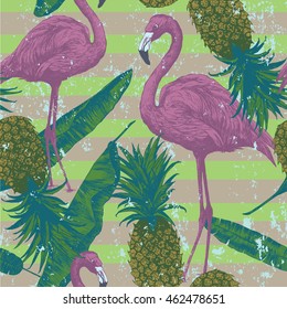 Grunge, vintage style seamless pattern with flamingo, pineapples and banana leaves. Hand drawn vector.