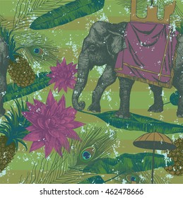 Grunge, vintage style seamless pattern with indian elephants, lotuses, banana leaves, peacock feathers, pineapples. Hand drawn vector.