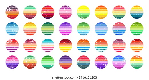 Grunge vintage sunset collection. Colorful striped sunrise badges in 80s and 90s style. Sun and ocean view, summer vibes, surfing. Design element for print, logo or t-shirt. Vector illustration