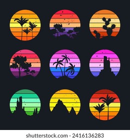 Grunge vintage sunset collection. Colorful striped sunrise badges in 80s and 90s style. Sun and ocean view, summer vibes, surfing. Design element for print, logo or t-shirt. Vector illustration