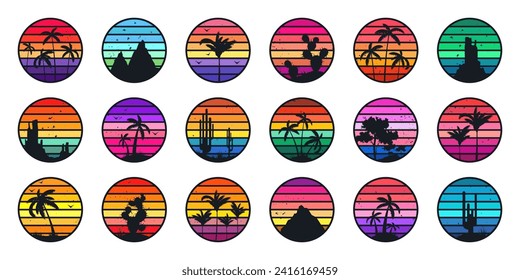 Grunge vintage sunset collection. Colorful striped sunrise badges in 80s and 90s style. Sun and ocean view, summer vibes, surfing. Design element for print, logo or t-shirt. Vector illustration
