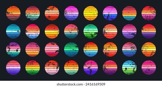 Grunge vintage sunset collection. Colorful striped sunrise badges in 80s and 90s style. Sun and ocean view, summer vibes, surfing. Design element for print, logo or t-shirt. Vector illustration
