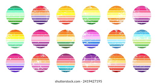 Grunge vintage sunset collection. Colorful striped sunrise badges in 80s and 90s style. Sun and ocean view, summer vibes, surfing. Design element for print, logo or t-shirt. Vector illustration