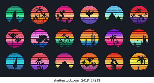 Grunge vintage sunset collection. Colorful striped sunrise badges in 80s and 90s style. Sun and ocean view, summer vibes, surfing. Design element for print, logo or t-shirt. Vector illustration