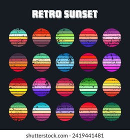Grunge vintage sunset collection. Colorful striped sunrise badges in 80s and 90s style. Sun and ocean view, summer vibes, surfing. Design element for print, logo or t-shirt. Vector illustration
