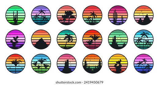 Grunge vintage sunset collection. Colorful striped sunrise badges in 80s and 90s style. Sun and ocean view, summer vibes, surfing. Design element for print, logo or t-shirt. Vector illustration