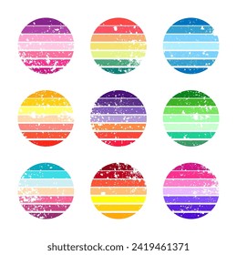 Grunge vintage sunset collection. Colorful striped sunrise badges in 80s and 90s style. Sun and ocean view, summer vibes, surfing. Design element for print, logo or t-shirt. Vector illustration