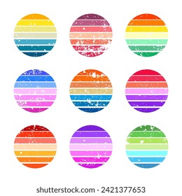 Grunge vintage sunset collection. Colorful striped sunrise badges in 80s and 90s style. Sun and ocean view, summer vibes, surfing. Design element for print, logo or t-shirt. Vector illustration