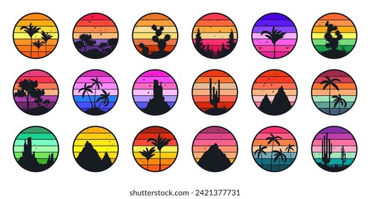 Grunge vintage sunset collection. Colorful striped sunrise badges in 80s and 90s style. Sun and ocean view, summer vibes, surfing. Design element for print, logo or t-shirt. Vector illustration