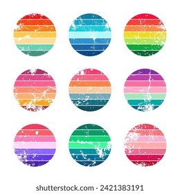 Grunge vintage sunset collection. Colorful striped sunrise badges in 80s and 90s style. Sun and ocean view, summer vibes, surfing. Design element for print, logo or t-shirt. Vector illustration