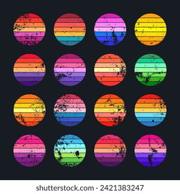 Grunge vintage sunset collection. Colorful striped sunrise badges in 80s and 90s style. Sun and ocean view, summer vibes, surfing. Design element for print, logo or t-shirt. Vector illustration