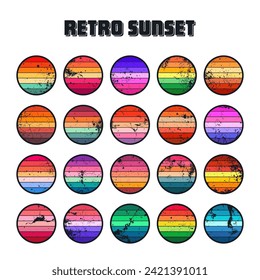 Grunge vintage sunset collection. Colorful striped sunrise badges in 80s and 90s style. Sun and ocean view, summer vibes, surfing. Design element for print, logo or t-shirt. Vector illustration