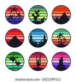 Grunge vintage sunset collection. Colorful striped sunrise badges in 80s and 90s style. Sun and ocean view, summer vibes, surfing. Design element for print, logo or t-shirt. Vector illustration