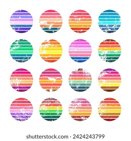 Grunge vintage sunset collection. Colorful striped sunrise badges in 80s and 90s style. Sun and ocean view, summer vibes, surfing. Design element for print, logo or t-shirt. Vector illustration