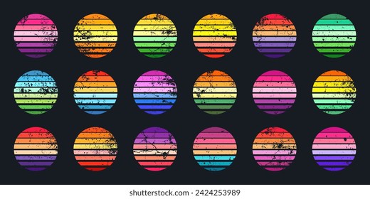 Grunge vintage sunset collection. Colorful striped sunrise badges in 80s and 90s style. Sun and ocean view, summer vibes, surfing. Design element for print, logo or t-shirt. Vector illustration